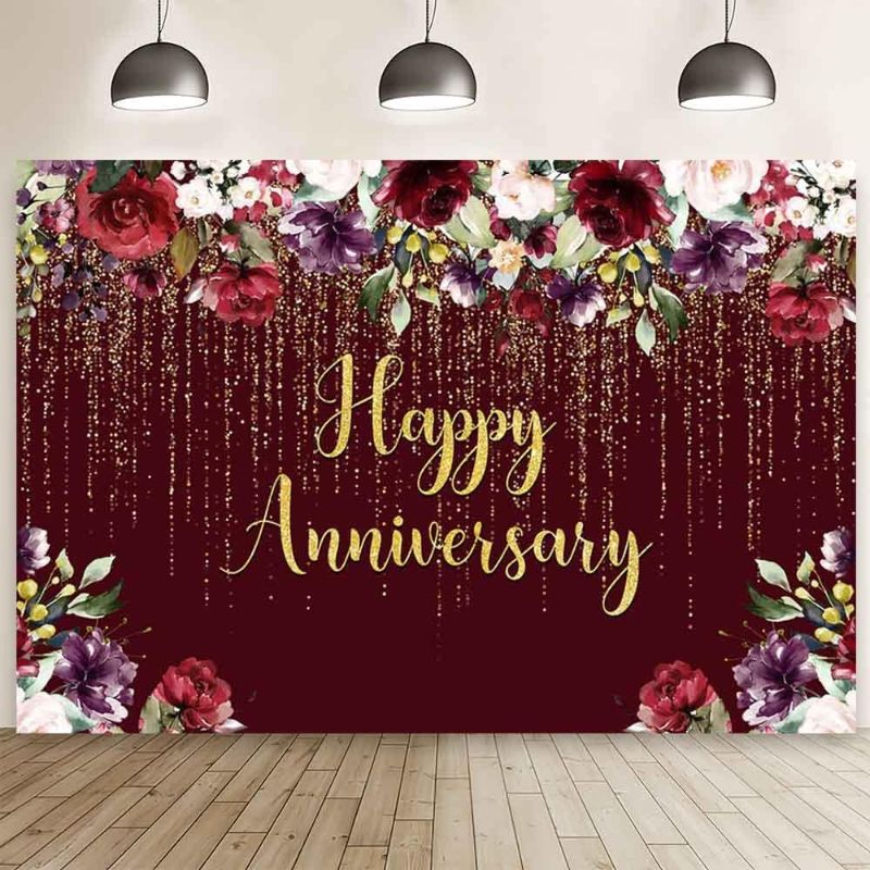 Photo 1 of 7x5ft Happy Anniversary Backdrop Gold Glitter Burgundy Wedding Anniversary Photography Background Couple Wedding Women Birthday Floral Party Decorations Cake Smash Decor Studio Photo Backdrop