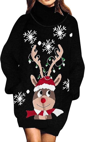 Photo 1 of XL Jumppmile Womens Ugly Christmas Xmas Oversize Turtleneck Pullover Sweater Dress with Pockets


