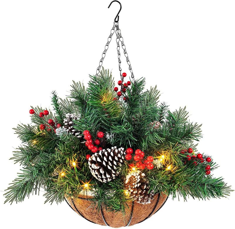 Photo 1 of 2PCS 20 Inch Christmas Pre-Lit Artificial Hanging Basket with LED String Lights Decorated with Frosted Pine Cones and Berry Clusters Outdoor Indoor Xmas Decorations for Garden Patio Lawn Home D