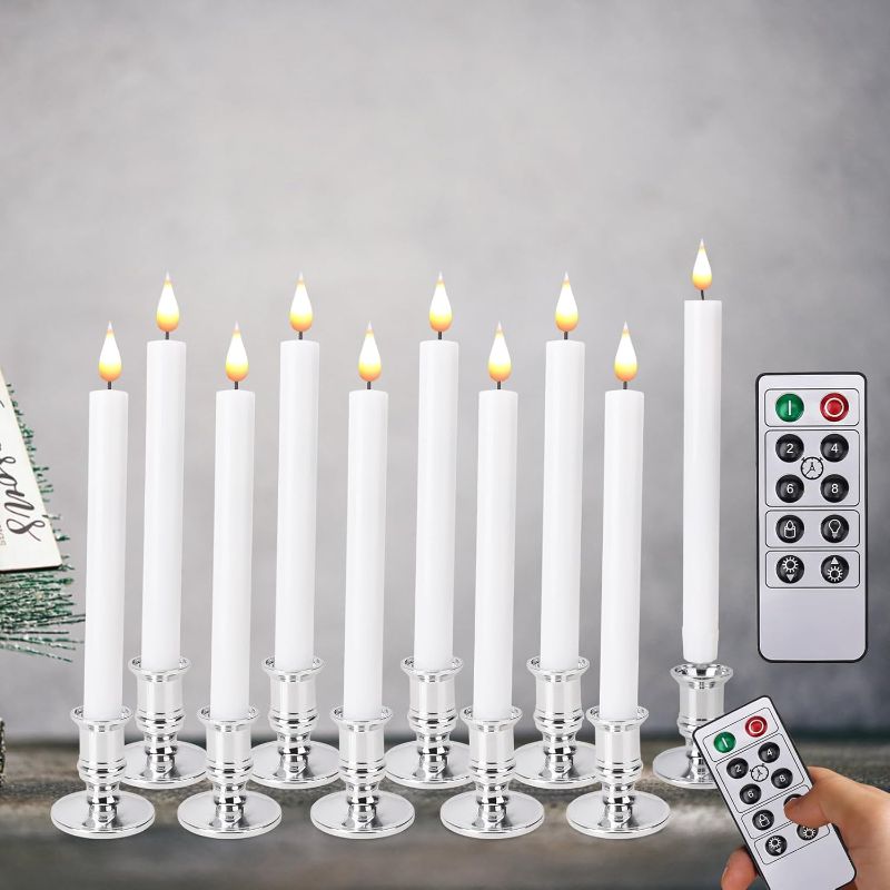 Photo 1 of Flameless Taper Candles with Remote Timer-LED Battery Operated Flickering Window Candle Lights with Removable Silver Candle Holders Best Gift for Xmas Wedding Home Dinner Decor Set of 10