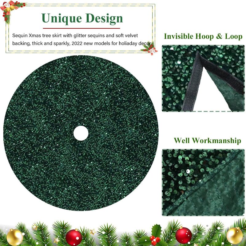 Photo 2 of 46 Inches Emerald Green Sequin Christmas Tree Skirt Sparkle Tree Mat Christmas Decorations Xmas Ornaments Round Sequined Tree Skirts Glitter Tree Skirts Cover for Merry Christmas Party Decor