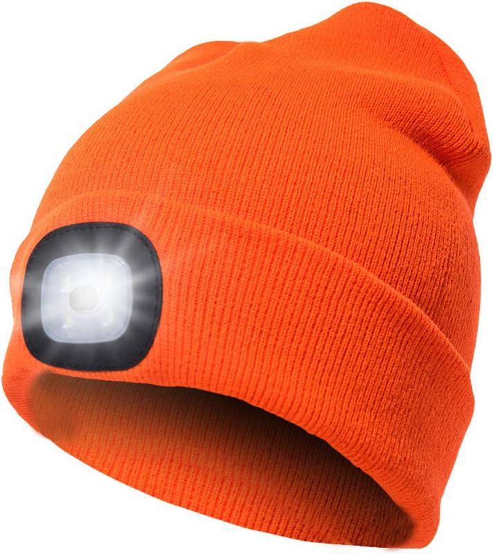 Photo 1 of Unisex Beanie with Light, USB Rechargeable LED Headlamp Beanie, Gifts for Dad Father Men Husband Warm Knitted Cap Orange