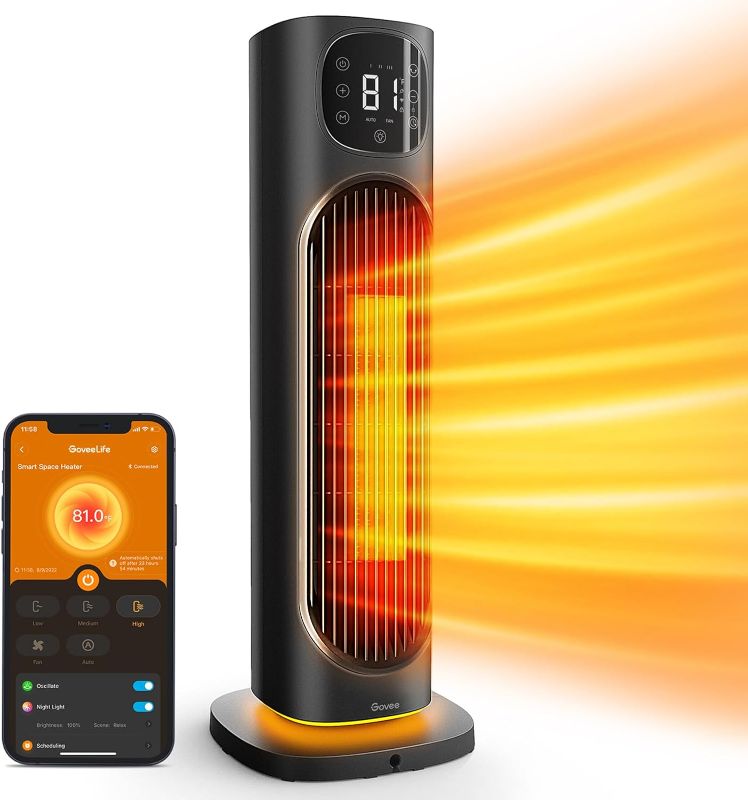 Photo 1 of Govee Smart Space Heater for Indoor Use, 1500W Ceramic Tower Heater with Thermostat APP&Voice Control, Quiet Portable Electric Heater with RGB Night Light for Large Rooms, Bedroom, Office