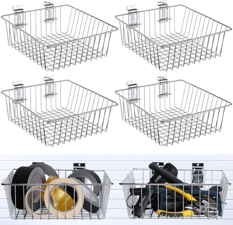 Photo 1 of 4 Pcs Slatwall Baskets Set 12" Long x 12" Wide x 4" Deep Wire Basket Ventilated Metal Wire Basket Slatwall Wall Mounted Storage Basket for Garages, Shops, Rooms Organizing Tools, Silver