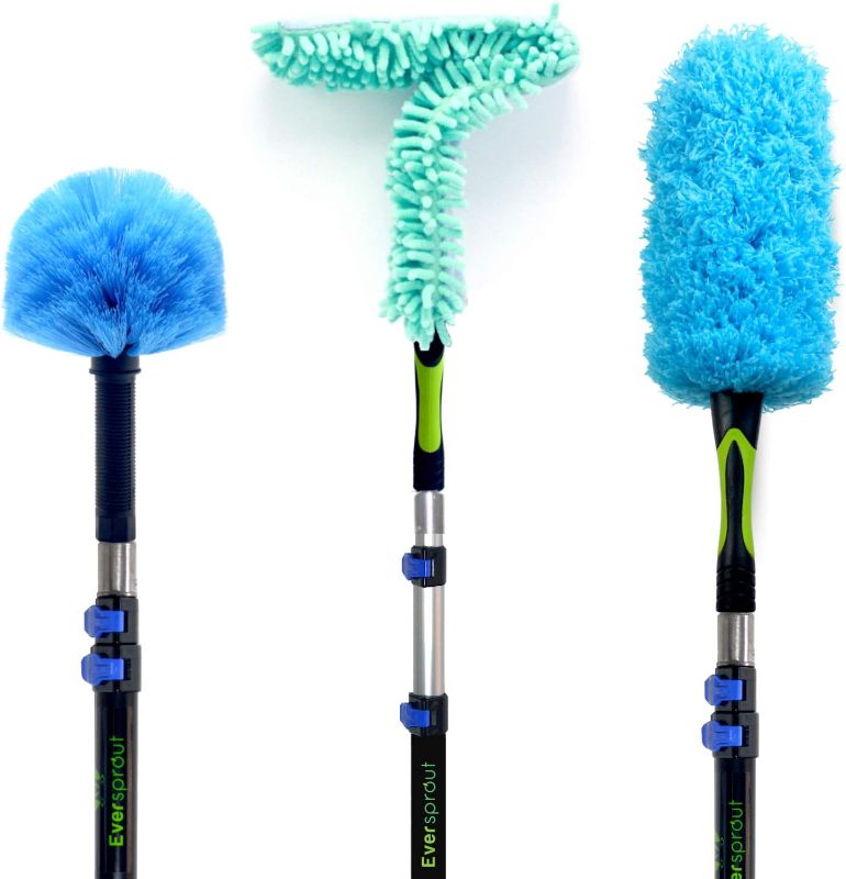 Photo 1 of EVERSPROUT 5-to-12 Foot Duster 3-Pack with Extension-Pole (20+ Foot Reach) | Hand-packaged Cobweb Duster, Microfiber Feather Duster, Flexible Microfiber Ceiling & Fan Duster | Aluminum Telescopic Pole