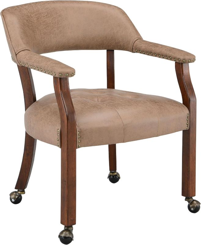 Photo 1 of Dining Chairs with Casters and Arms, Rolling Dining Chairs with Wheels, Solid Wood Office Desk Chairs, 26“Dx25.2 Wx31.5“H, Cherry Legs & Yellowish Brown Fabric SY-1533-LT