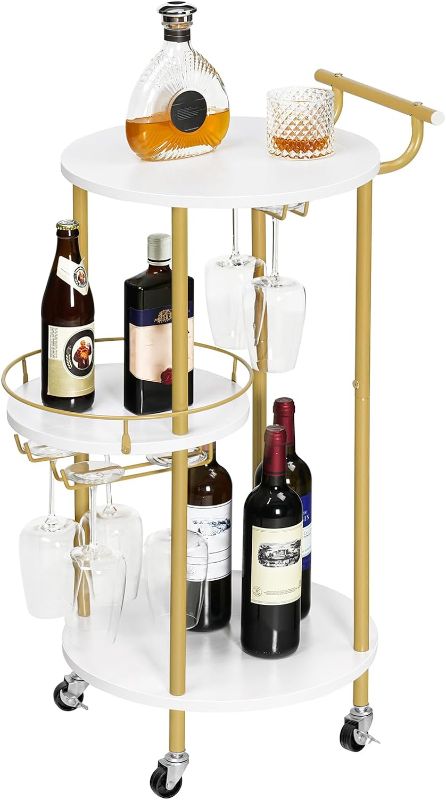 Photo 1 of HOOBRO Bar Carts with 3-Tier Storage Shelves, Mobile Bar Serving Cart with Wine Rack and Glass Holder, for The Home, Kitchen, Living Room, Dining Room, Gold and White WD32TC01