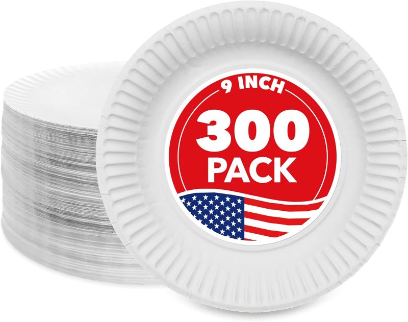 Photo 1 of Stock Your Home 9-Inch Paper Plates Uncoated, Everyday Disposable Plates 9" Paper Plate Bulk, White, 300 Count