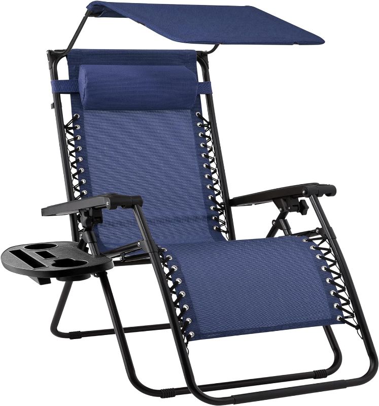 Photo 1 of Best Choice Products Folding Zero Gravity Outdoor Recliner Patio Lounge Chair w/Adjustable Canopy Shade, Headrest, Side Accessory Tray, Textilene Mesh - Navy Blue
