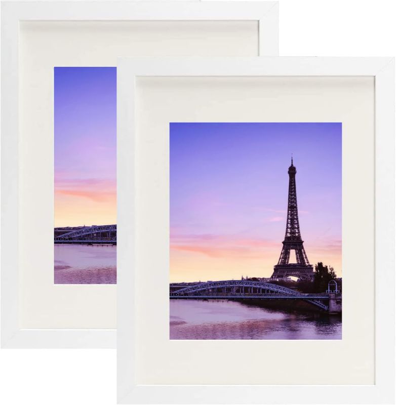 Photo 1 of RUN HELIX 9 x 12 Picture Frame Set of 2 Display Pictures 6x8 with Mat or 9x12 Without Mat, Wall Gallery Photo Frames, Solid Wood Picture Frames for Table Top and Wall Mounting, White
