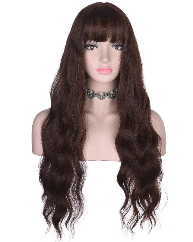 Photo 1 of AMZCOS Long Wavy Brown Wig with Bangs for Women | Heat Resistant Synthetic Hair Wigs for Daily Use (Brown)
