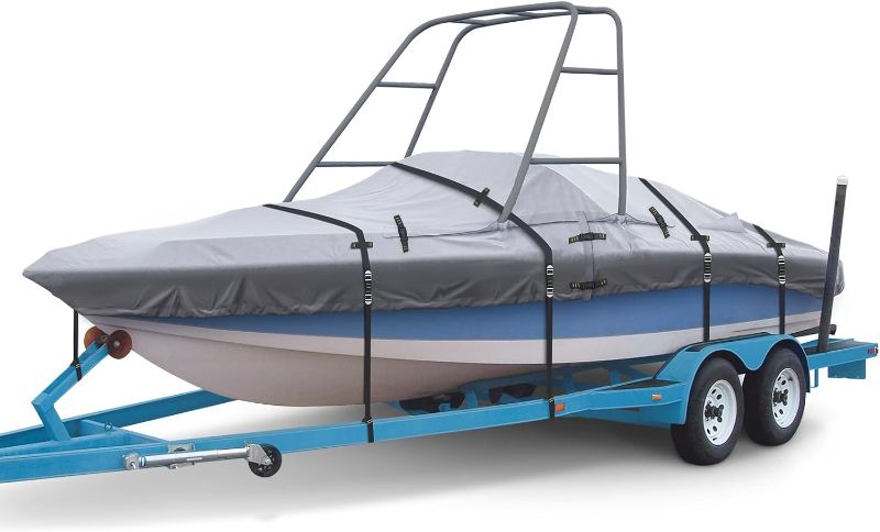 Photo 1 of 900D Ski & Wakeboard Tower Boat Cover, Waterproof Fade and Tear Resistant Boat Cover, Full Metal Fittings Trailerable Boat Covers 20-22FT Fits V-Hull,Runabout with Ski/Wakeboard Towers
