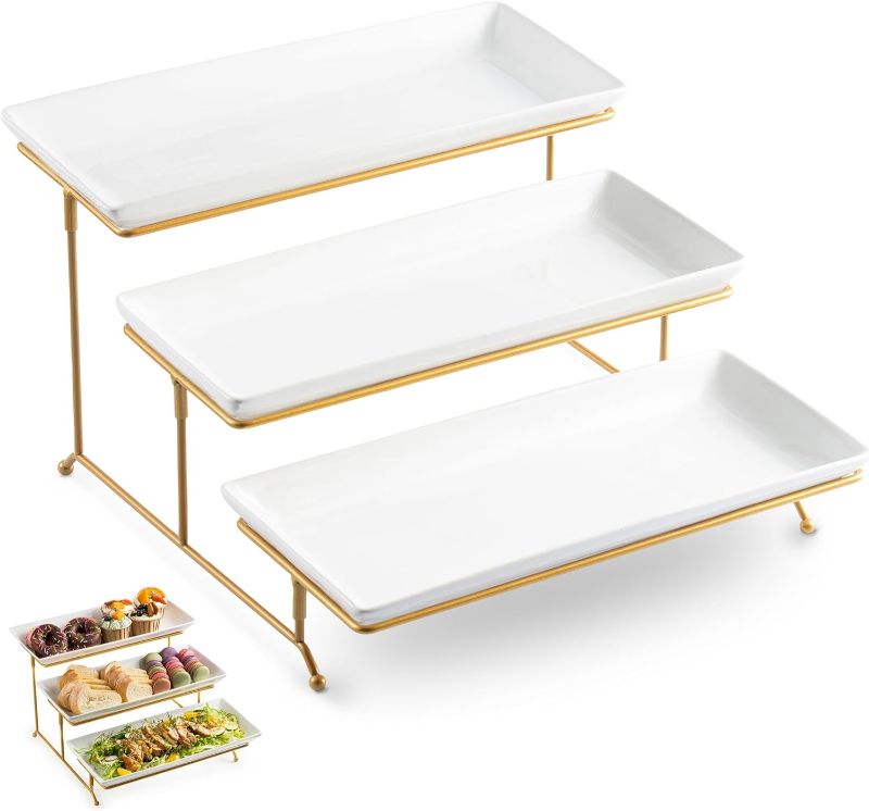 Photo 1 of LYEOBOH 3 Tier Serving Stand and Platters Set Large Tiered Serving Platters with Collapsible Sturdier Rack 14 Inches Tiered Serving Tray for Appetizer Fruit, Dessert and Cupcake, White
