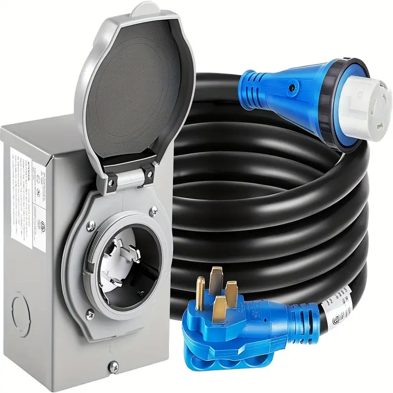 Photo 1 of 50 Amp Heavy-Duty Generator Cord and Power Inlet Box - High-Power, Extra-Long 30 Foot, 125V/250V, NEMA14-50P/SS2-50R Twist Lock Connector - Heavy-Duty Generator Power Cord for Reliable Power Transmission
