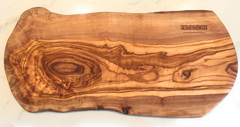 Photo 1 of 16" Rustic Handmade Olive Wood Bark Edge Charcuterie Board by Orchard Hardwoods- For Cutting, Chopping, Serving. Wooden Slab, Cheese Board- In Sm 12", Med 16, Lg 20, XL 24. (Medium 16x6-7x0.8 inch)
