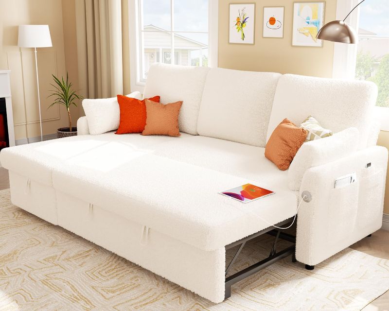Photo 1 of box 1 of 2 for Sectional Sofa Couch, 84" Sleeper Sofa Bed with Storage Reversible Chaise and USB Charge, Pull Out Couch for Living Room | Hidden Stroge | Side Pocket | Removable Backrest | Boucle White
