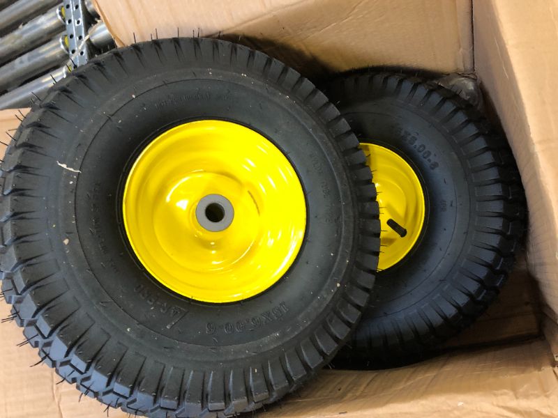 Photo 2 of (2 Pack) AR-PRO Exact Replacement 15" x 6.00 - 6" Front Tire and Wheel Assemblies for John Deere Riding Mowers - Compatible with John Deere 100 and D100 Series - 3” Hub Offset and 3/4” Bushings 15" x 6.00-6" Yellow