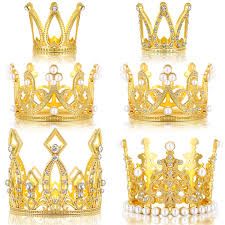 Photo 1 of 6 Pieces Crown Cake Topper Birthday Mini Crown Cake Topper Crystal Pearl Tiara Cupcake Toppers Children Vintage Hair Ornaments for Wedding Birthday Baby Shower Party Cake Decoration (Elegant) Gold
