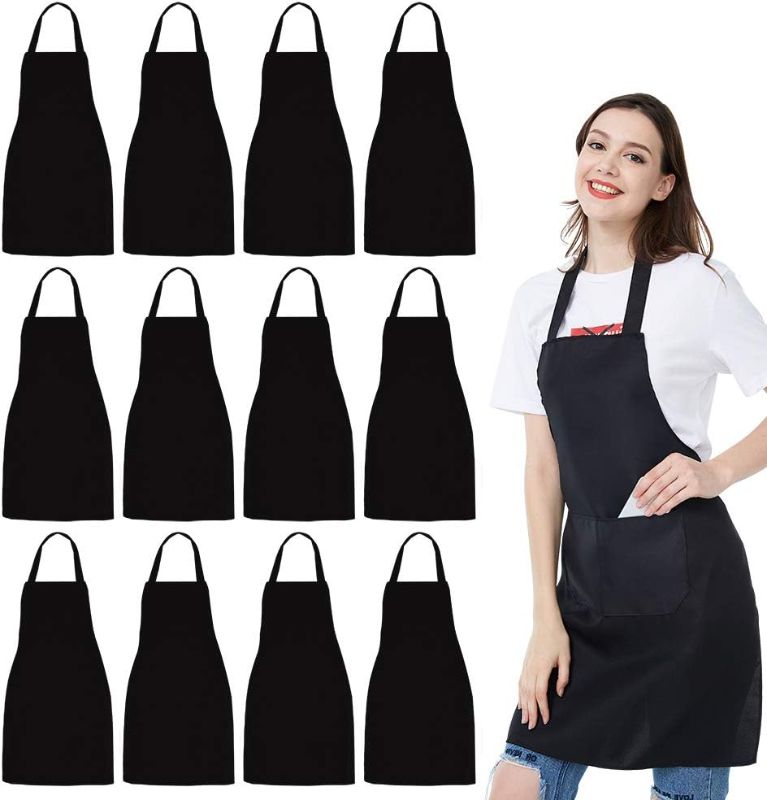 Photo 1 of 12 Pack Bib Apron - Unisex Black Apron Bulk with 2 Roomy Pockets Machine Washable for Kitchen Crafting BBQ Drawing
