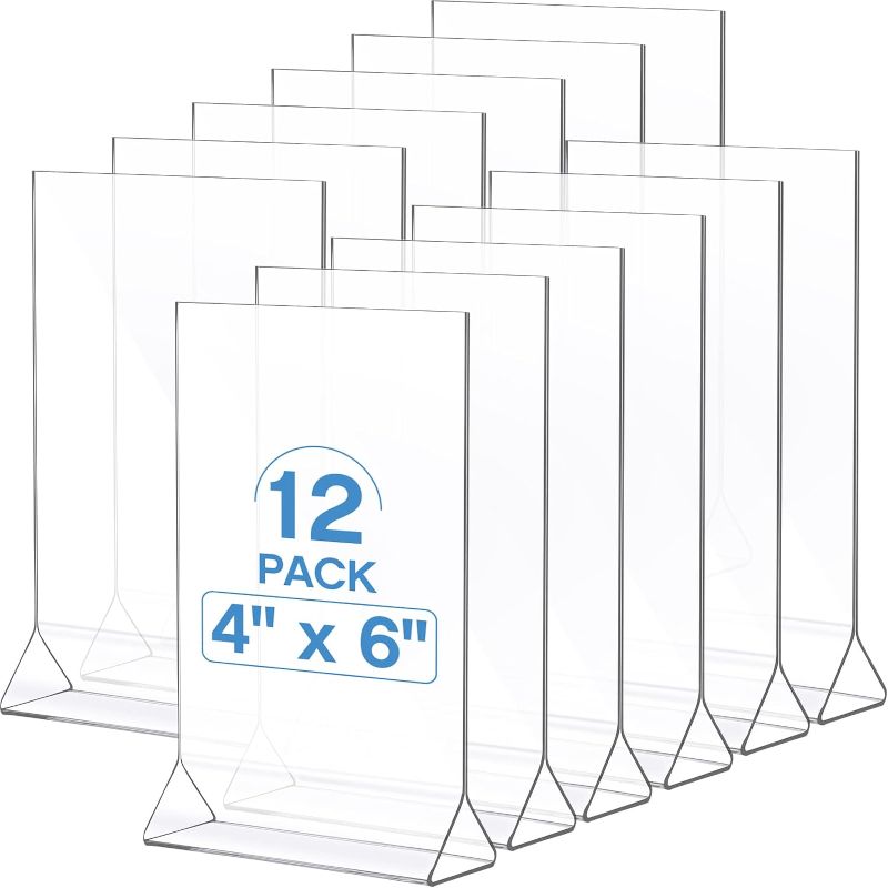 Photo 1 of 12 Packs Wedding Acrylic Sign Holders Clear Table Tent Holder Table Numbers Picture Frames Restaurant Menu Holder Double Sided Table Display Stand for Wedding Office School
