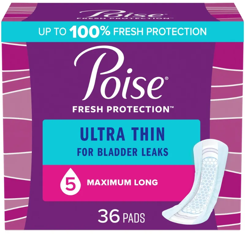 Photo 1 of Poise Ultra Thin Incontinence Pads for Women, 5 Drop, Maximum Absorbency, Long, 36 Count

