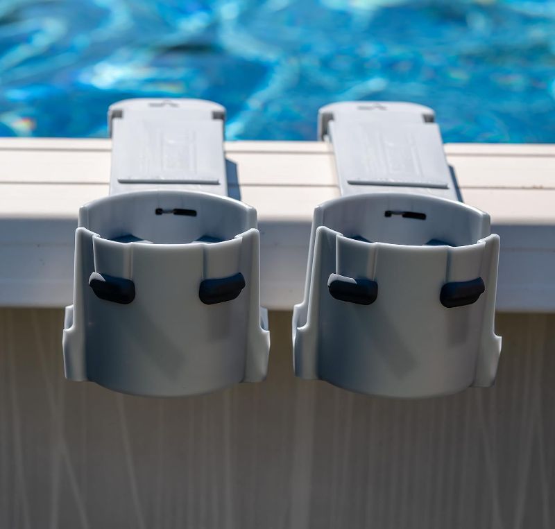 Photo 1 of above Ground Pool Cup Holder, by ND Premium Design | 2 Pack x Silver Grey | Adjustable | Made for Square Top Pools, above Ground Pools, Patio, Deck, Hot Tub, Boats. Made in Canada.
