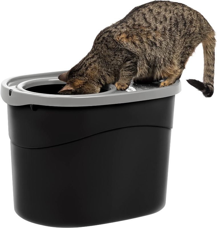 Photo 1 of IRIS USA Oval Top Entry Cat Litter Box with Scoop, Kitty Litter Tray with Litter Catching Lid Less Tracking Dog Proof and Privacy Large, Black/Gray
