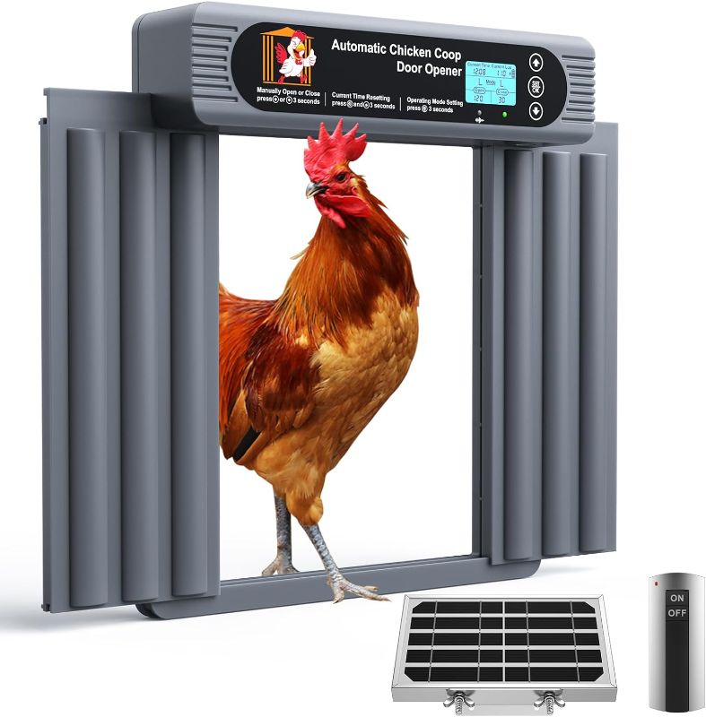 Photo 1 of Automatic Chicken Coop Door, Anti-Pinch Protection, Large LCD Display, Programmable Timer & Light Sensor Modes, Large Solar Powered Auto Chicken House Door Opener with Remote Control
