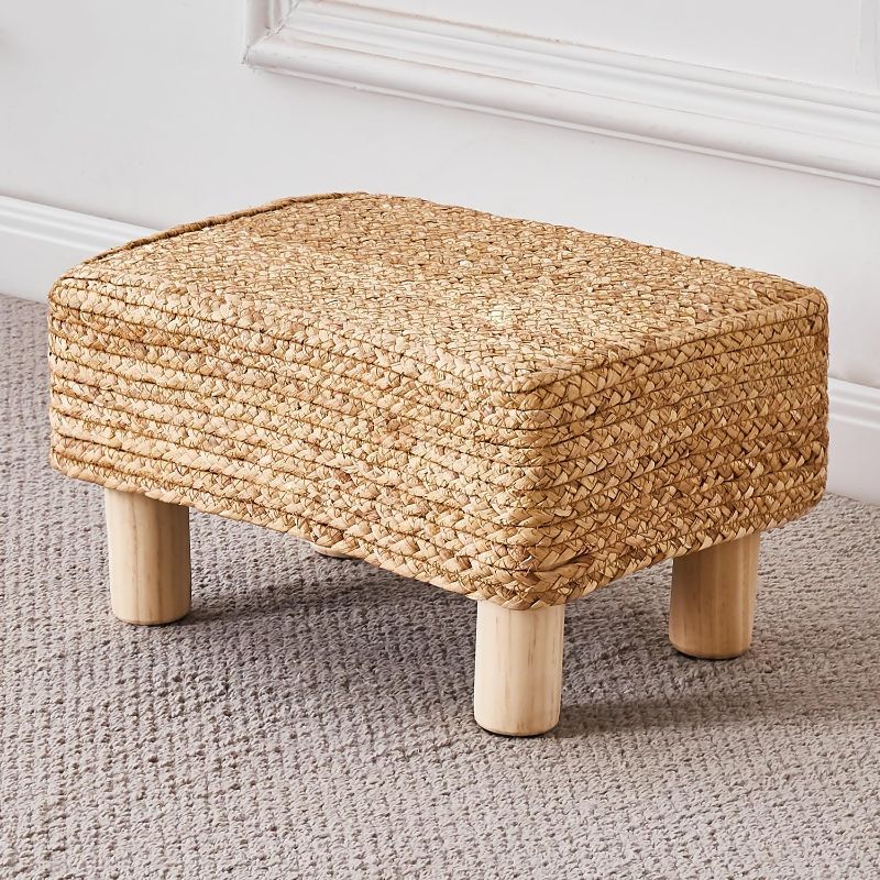 Photo 1 of  Foot Stool Ottoman Rectangular Footrest Pouf Ottomans Natural Seagrass Footstool with Wooden Legs Hand Weave Step Stool for Living Room 