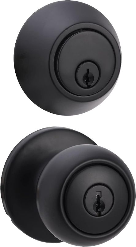 Photo 1 of Amazon Basics Exterior Door Knob With Key Lock and Deadbolt, Coastal, Matte Black
