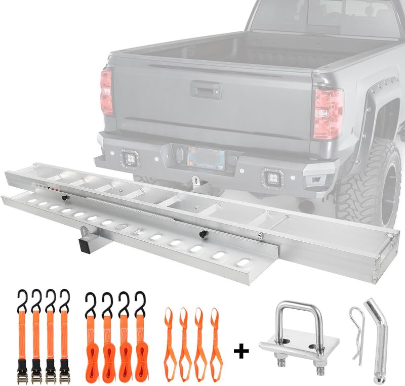 Photo 1 of Motorcycle Hitch Carrier 400LBS, Lightweight Robust Aluminum Dirt Bike Hitch Carrier with 4.5' Longer Ramp, Tie-Down Straps and Hitch Tightener, 2" Receiver, 5.5" Wide Tire
