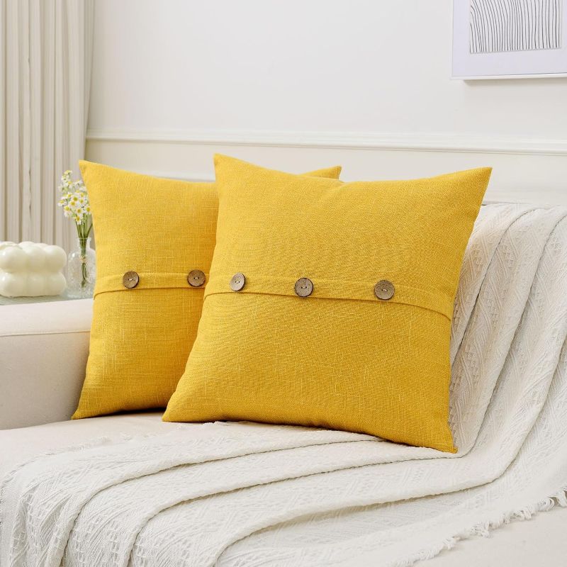 Photo 1 of Ikuoic Yellow Linen Decorative Throw Pillow Covers 18x18 Inch Set of 2, Square Cushion Case with 3 Vintage Buttons/Hidden Zipper,Modern Farmhouse Home Decor for Couch,Bed
