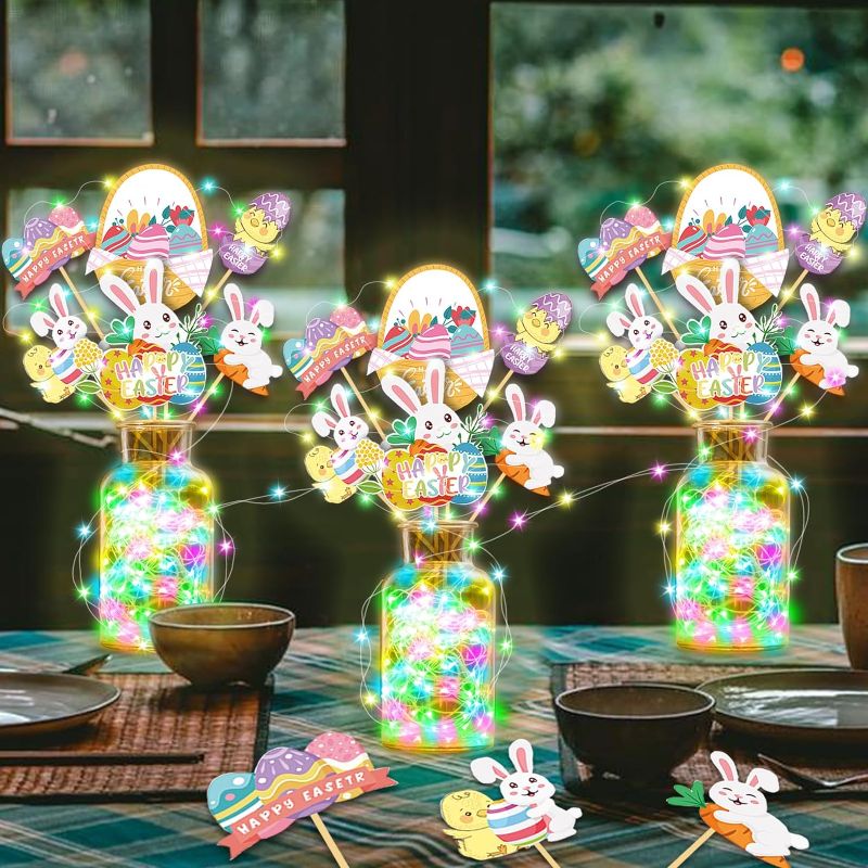 Photo 1 of 2pc 20PCS Easter Decorations with LED String, Happy Easter Table Centerpiece Decor, Easter Table Toppers, Easter Bunny Centerpiece Sticks Table Toppers for Easter Party Table Party Favors Supplies
