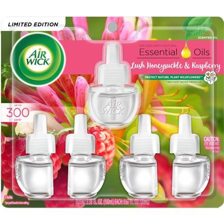 Photo 1 of Air Wick Plug in Scented Oil Refill, 5 ct, Lush Honeysuckle and Raspberry, Air Freshener, Essential Oils, Spring Collection Lush Honeysuckle and Raspberry 5 Count (Pack of 1)