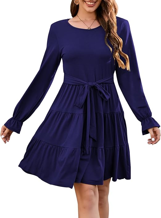 Photo 1 of Large nclook Women's 2024 Fall Midi Dress Crew-Neck Casual Long Sleeve Loose A Line Flowy Dresses
