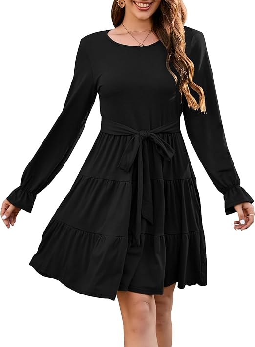 Photo 1 of XL green nclook Women's 2024 Fall Midi Dress Crew-Neck Casual Long Sleeve Loose A Line Flowy Dresses
