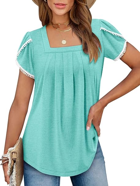 Photo 1 of 3XL BETTE BOUTIK Womens Summer Tops Pleated Short Sleeve Square Neck Tunics Blouses Shirts
