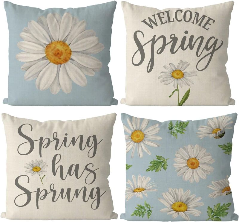 Photo 1 of GAGEC Spring Pillow Covers 18x18 Inch Set of 4 Spring Has Sprung Daisy Floral Throw Pillowcase Home Sofa Bedroom Living Room Holiday Decor Cushion Case Farmhouse Decorations
