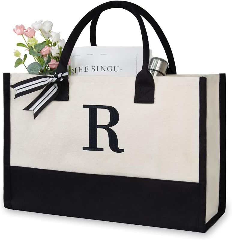 Photo 1 of TOPDesign Embroidery Initial Canvas Tote Bag, Personalized Present Bag, Suitable for Wedding, Birthday, Beach, Holiday, is a Great Gift for Women, Mom, Teachers, Friends, Bridesmaids (Letter R)
