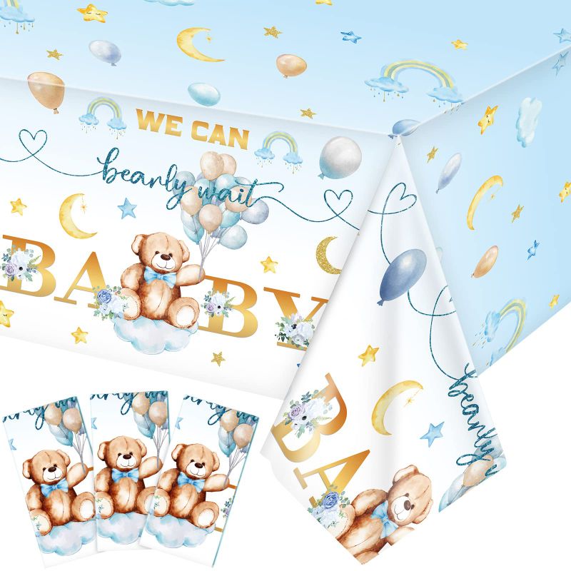 Photo 1 of 3 Packs We Can Bearly Wait Baby Shower Tablecloth Decorations Teddy Bear Table Cover Balloon Bear Plastic Tablecloth for Bear Theme Birthday Baby Shower Party Decor, 54 x 108 Inch (Blue Sky Style)