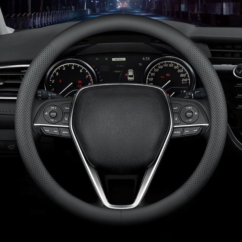 Photo 1 of LKWLIKEI Nappa Premium Leather car Steering Wheel Cover, Non-Slip, Breathable, Universal 15 inches, Black.
