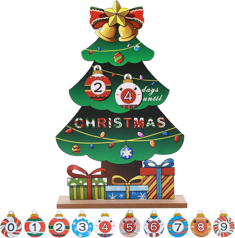 Photo 1 of 14" Wooden Christmas Countdown Advent Calendar, Colorful Xmas Tree Tabletop Centerpieces Decorations Indoor with ‘Merry Christmas’ Printed, Large Wood X-mas Ornaments Home Decor
