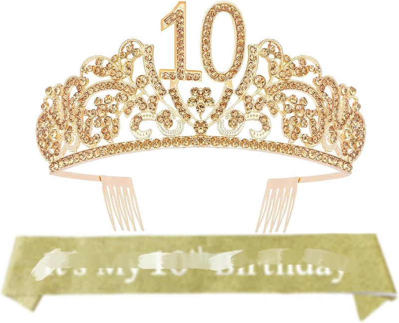 Photo 1 of 10th Birthday Sash and Tiara for Girls - Fabulous Glitter Sash + Flowers Rhinestone Gold Premium Metal Tiara for Girls, 10th Birthday Gifts for Princess Party