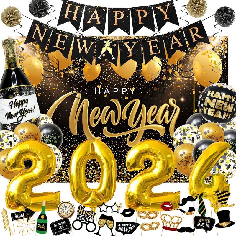 Photo 1 of 54PCS New Years Eve Party Decorations Supplies 2024, Happy New Year Party Favors with 2024 Foil Balloons, Banner, Backdrop, Photo Props, Paper Pompoms for 2024 NYE Black Gold Decor
