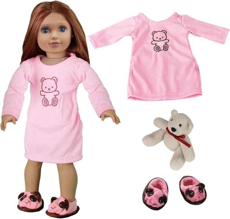 Photo 1 of 3pc Pink Nightgown Doll Outfit w Teddy Bear- 18" Doll Clothes & Accessories Compatible w American Girl Dolls- PJ Set Includes Nightgown, Slippers & Teddy Bear Plush- Great Gift for Girls
