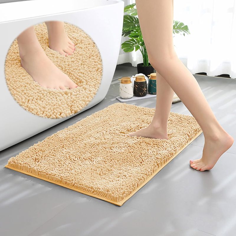 Photo 1 of YGNNJY Chenille Bathroom Rugs, Water Absorbent and Soft Plush Bath Mat Dry Fast Machine Washable Non-Slip Bath Rug for Tub, Shower, and Room (Beige, 24"×36")
