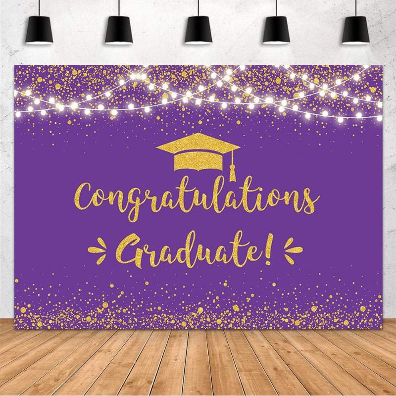 Photo 1 of MEHOFOND Purple and Gold Graduation Backdrop Class of 2023 Graduation Party Decorations Congratulation Graduate Backdrop 2023 Congrats Grad Banner Prom Party Decoration Photo Booth Props Vinyl 7x5ft
