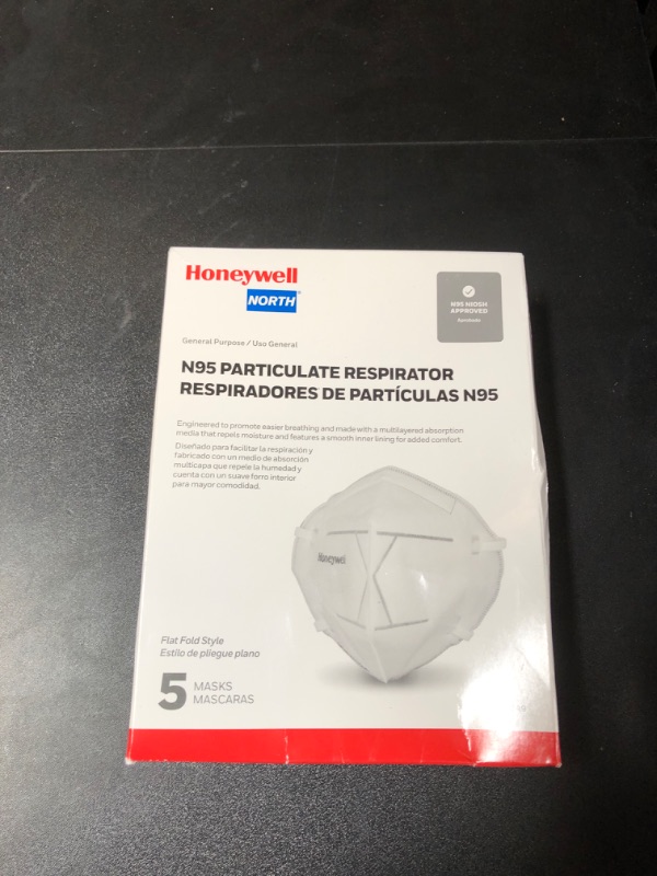 Photo 2 of Honeywell NIOSH-Approved N95 Flatfold Mask, 5-pack (RWS-54049) with Honeywell Multi-Item PPE Safety Pack with 3 Adult Mask, 3 Pairs of Gloves & 5 Wipes (RWS-50101)
