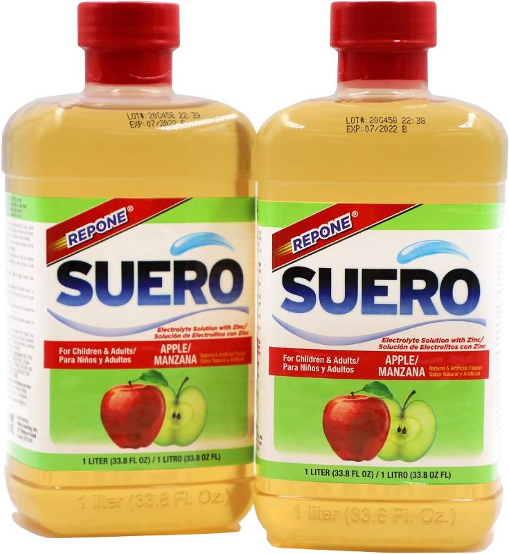 Photo 1 of REPONE SUERO Electrolyte Solution with Zinc, Rehydrates, Restores Minerals and Nutrients, Apple Flavor, 2-Pack of 33.8 Fl Oz 2 Bottles

