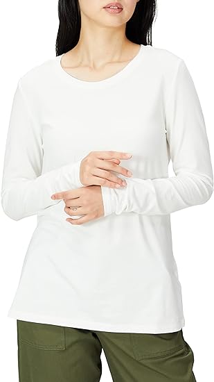 Photo 1 of Amazon Essentials Women's Classic-Fit 100% Cotton Long-Sleeve Crewneck T-Shirt Medium White